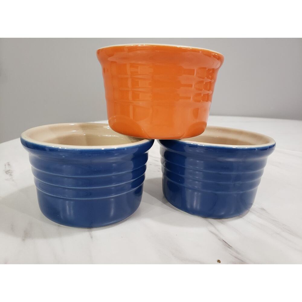 Lot 3 Le Creuset Ramekin Small Blue Orange Bowl 4‎ Oz